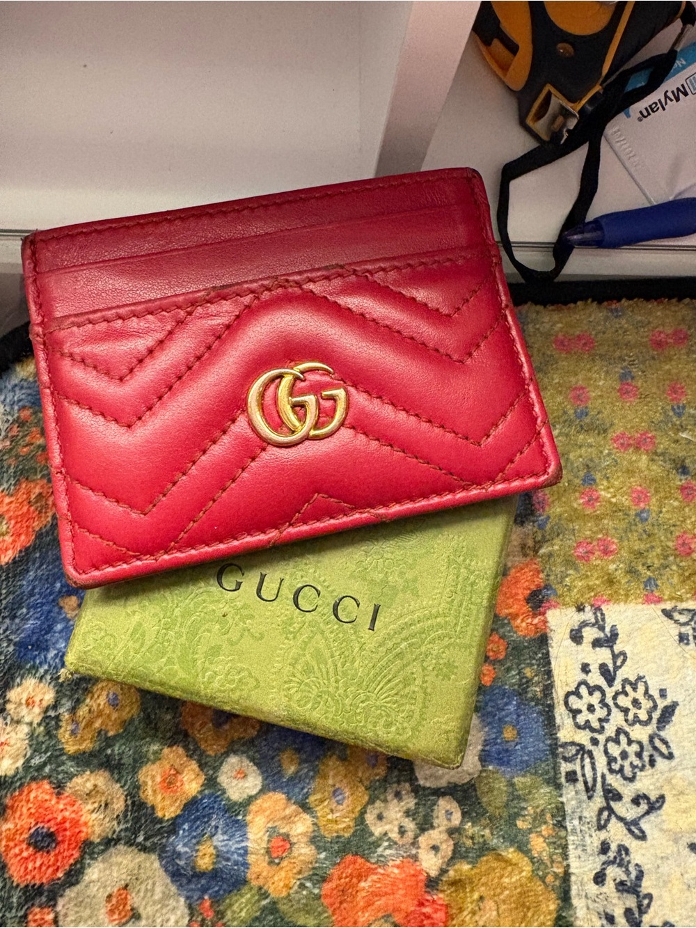 Gucci Red Chevron Quilted Leather Card Holder with Gold GG